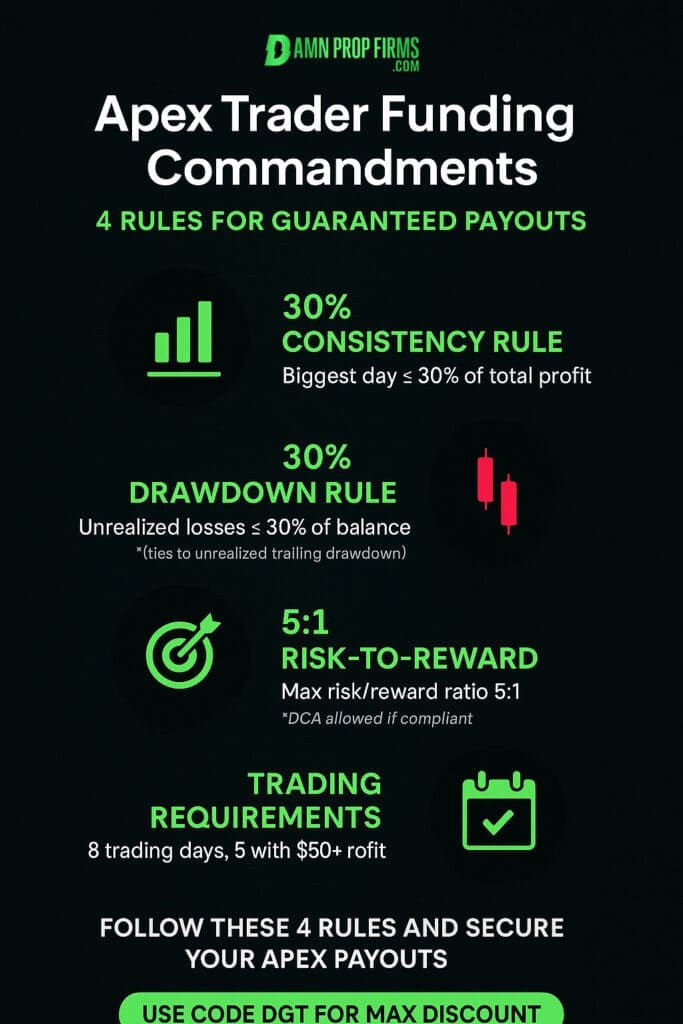 Apex Trader Funding Commandments infographic showing the 4 payout rules: 30% consistency rule, 30% drawdown rule, 5:1 risk-to-reward rule, and trading requirements for funded accounts.