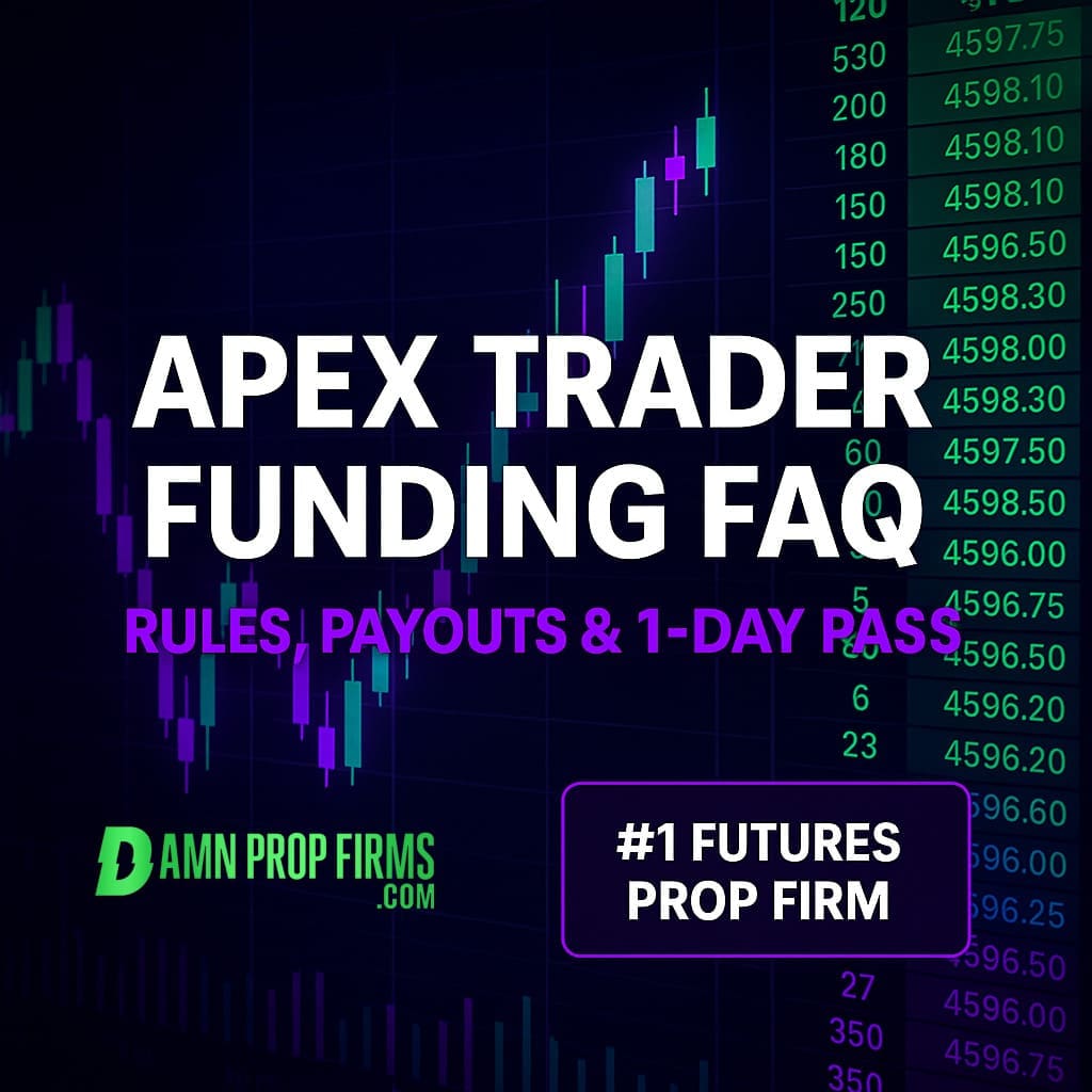 Apex Trader Funding FAQ image showing rules, payouts, 1-day pass evaluation, and 20-account scaling for futures prop traders.