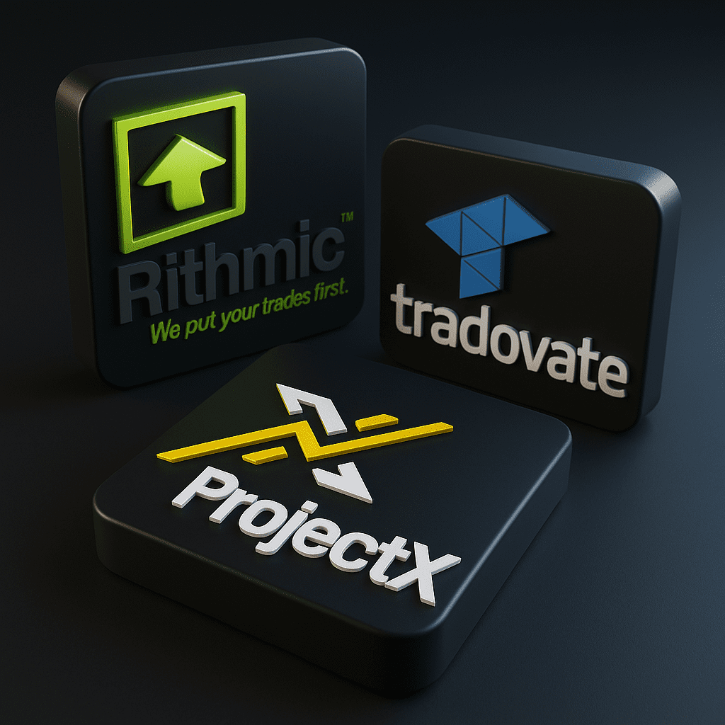 3D comparison of ProjectX, Tradovate, and Rithmic trading platforms – ProjectX ranked #1 for futures prop firms with built-in risk controls.