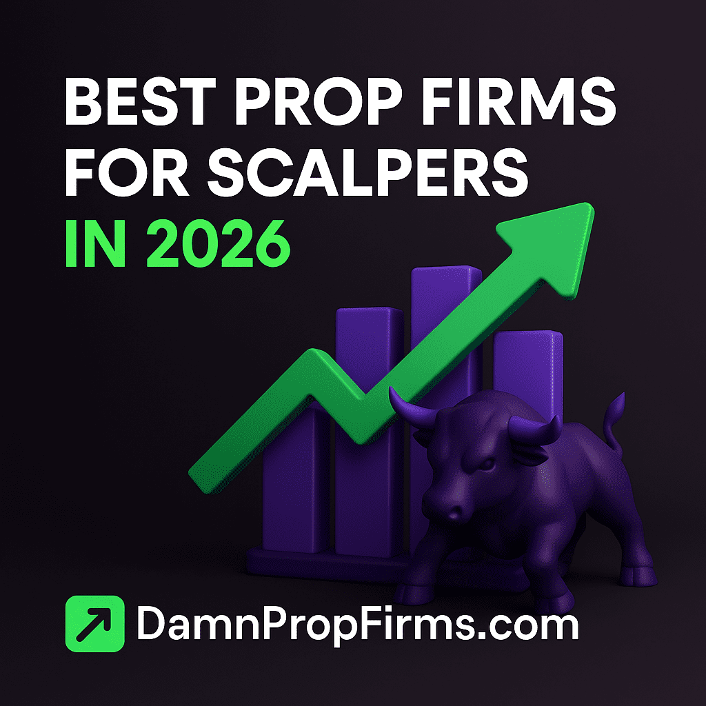 3D neon trading graphic with candlestick charts, arrows, and DamnPropFirms branding – Best Prop Firms for Scalpers in 2026