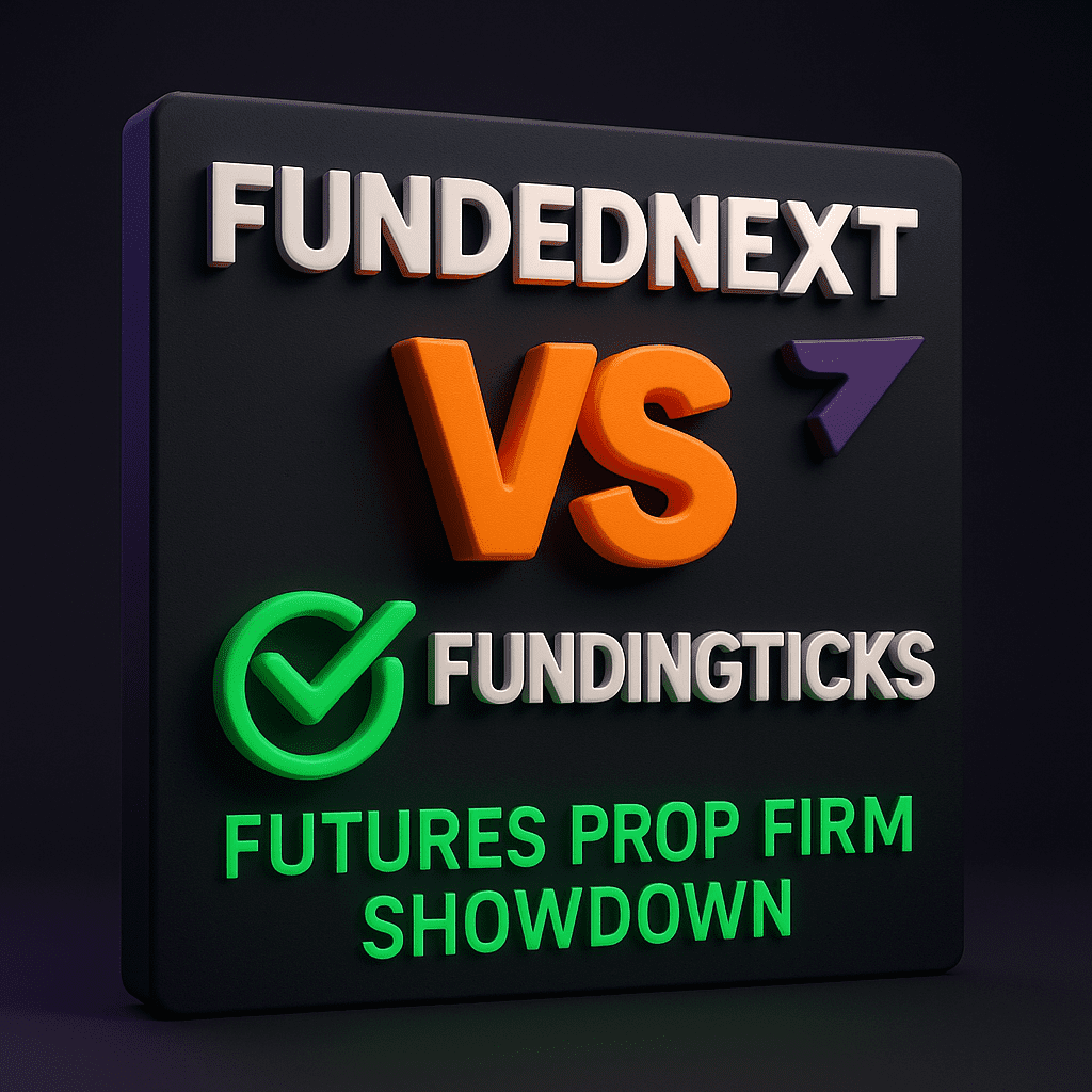 3D neon comparison graphic of FundedNext vs FundingTicks futures prop firms with glowing charts and finance elements