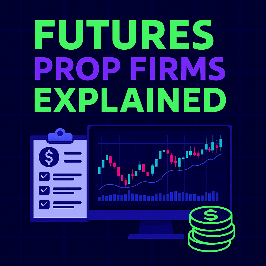 Futures prop firms explained with trading chart, checklist, and profit illustration in neon purple and green