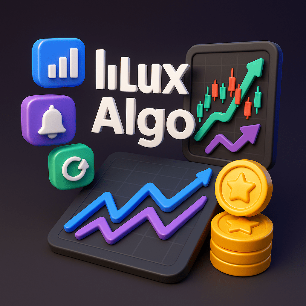 3D LuxAlgo trading image with neon charts, candlesticks, and AI elements – DamnPropFirms review illustration for LuxAlgo indicators and AI backtesting.