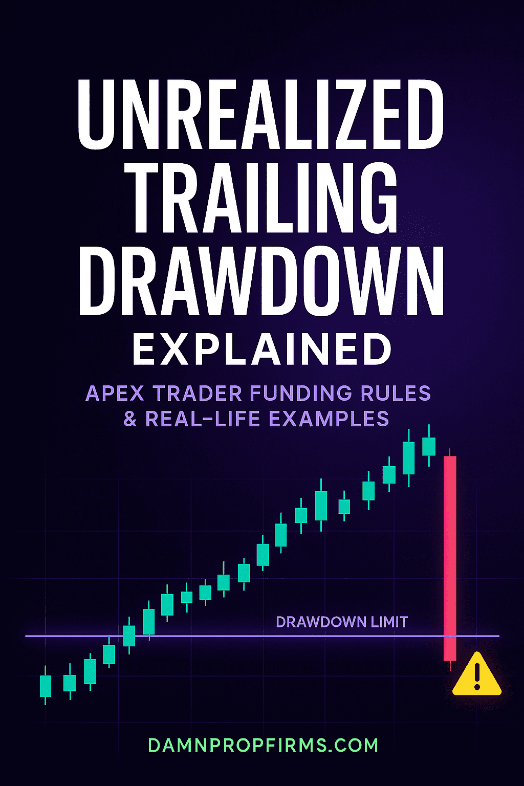 eatured image for blog post “Unrealized Trailing Drawdown Explained – Apex Trader Funding Rules.” Shows candlestick chart rising and reversing with a purple drawdown limit line, warning icon, and DamnPropFirms.com watermark.