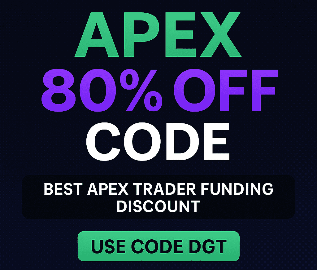 3D neon image of a Apex Trader Funding logo and glowing 80% OFF sale graphics, representing the Apex 80% OFF Code promotion with DGT discount.