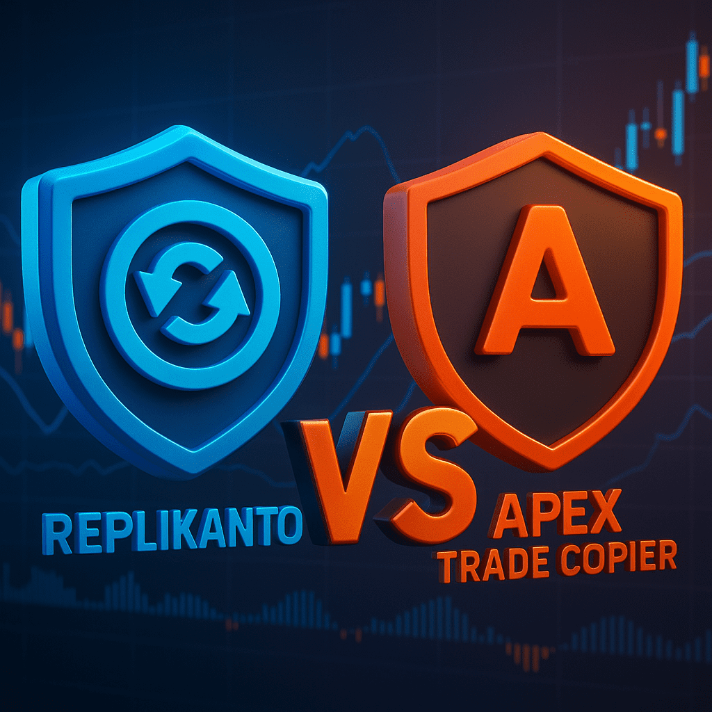 3D render comparing Replikanto and Apex Trade Copier with futuristic trading shields and glowing charts representing futures prop trading automation.