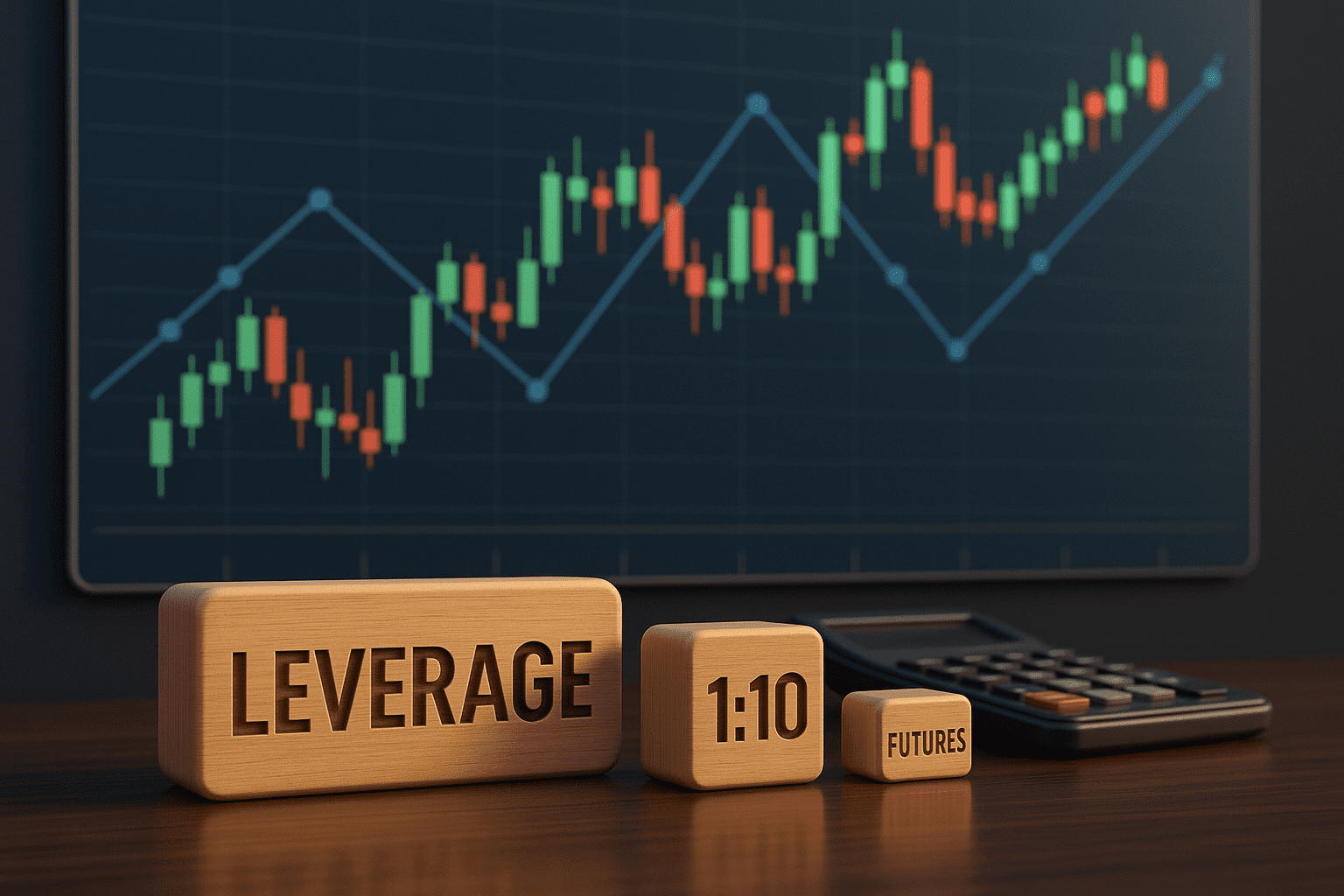 Illustration of a futures trader analyzing holographic leverage and contract data panels in neon purple and green lighting, representing Take Profit Trader’s 1:1 leverage and 1:10 mini-to-micro contract ratio.