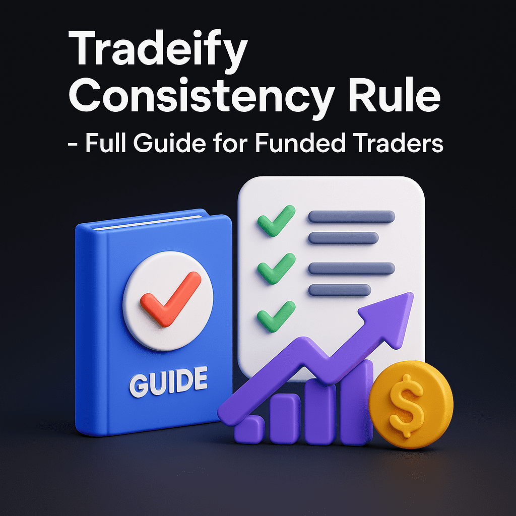 3D illustration of Tradeify Consistency Rule guide showing balance scale with steady profits versus one oversized trade, neon purple and green design