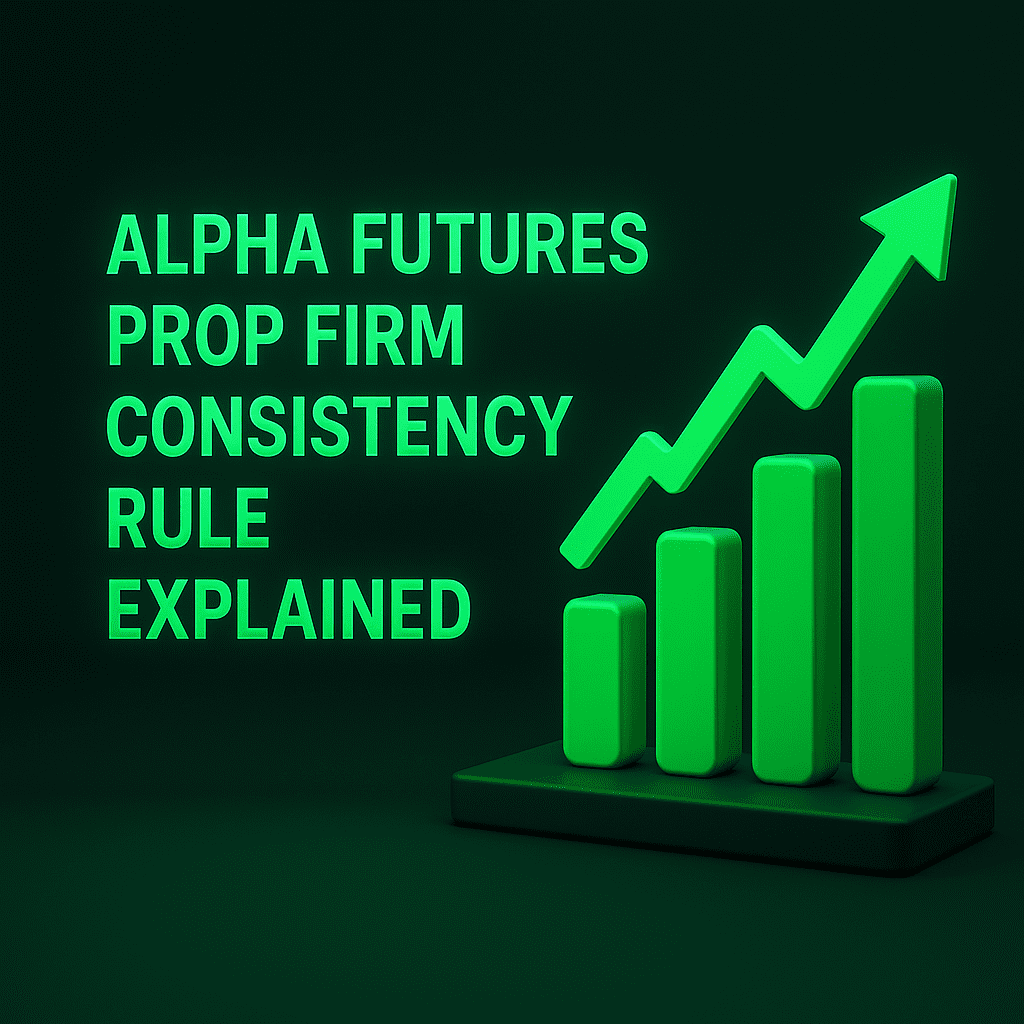 3D neon green trading chart graphic representing the Alpha Futures prop firm consistency rule, showing steady profit growth and disciplined trading performance.