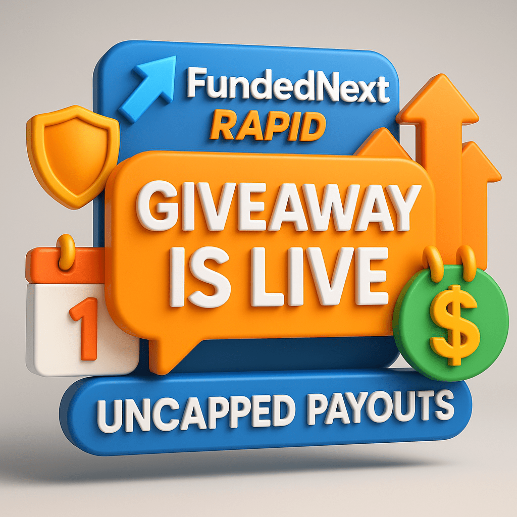 3D graphic announcing FundedNext Rapid Challenge giveaway with text giveaway is live and uncapped payouts, highlighting 1 day to pass and fast 3 day payout for futures prop firm traders