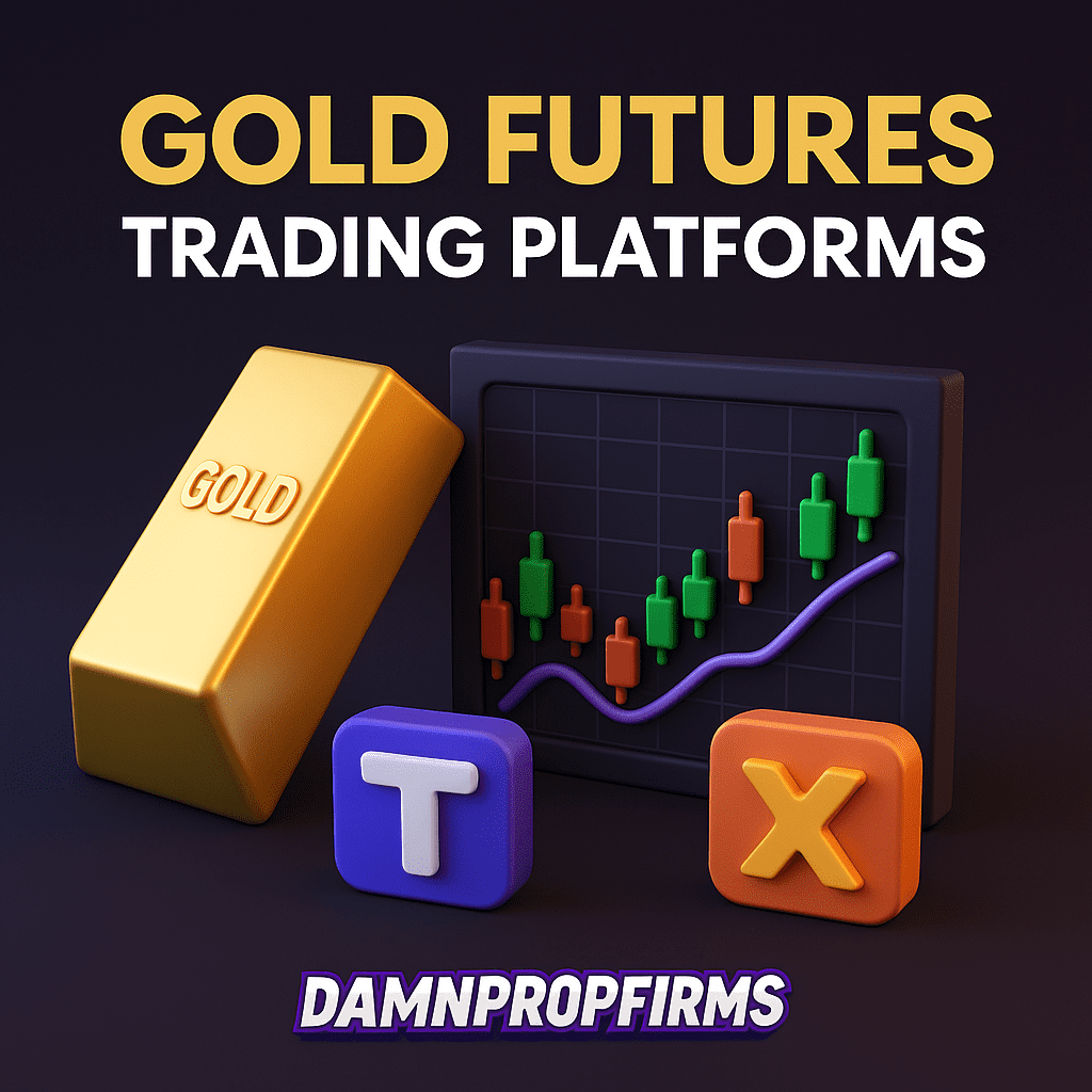 3D digital artwork showing gold futures trading with brokers like Schwab and Webull vs prop firms like Topstep, FundedNext, and Take Profit Trader, featuring ProjectX and Tradovate platforms in DamnPropFirms