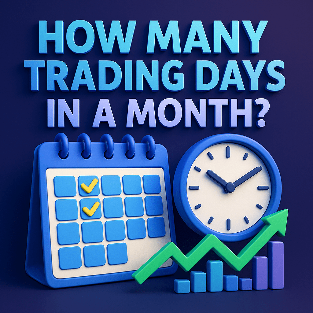 3D illustration of a glowing trading calendar showing 20–22 active trading days per month with neon green highlights, surrounded by stock charts and market clocks on a dark background.