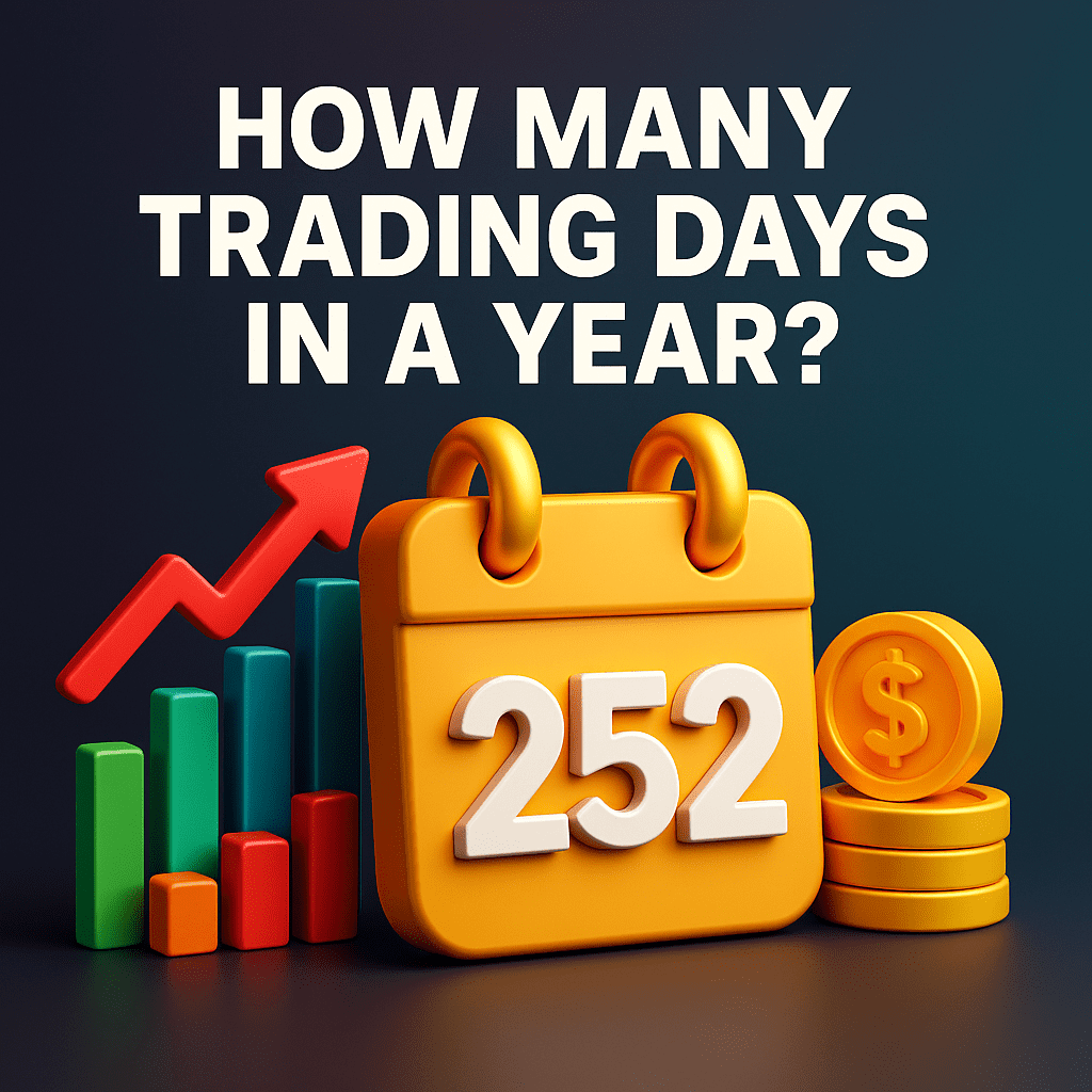 Infographic showing how many trading days are in a year for 2025, 2026, and 2027 — includes stock market calendar, trading holidays, and U.S. market schedule explained by Damn Prop Firms.