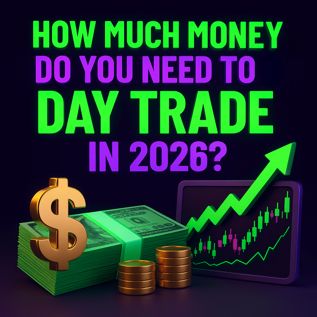 3D illustration of a trader analyzing charts on holographic screens representing modern day trading, risk management, and the upcoming 2026 PDT rule update – DamnPropFirms