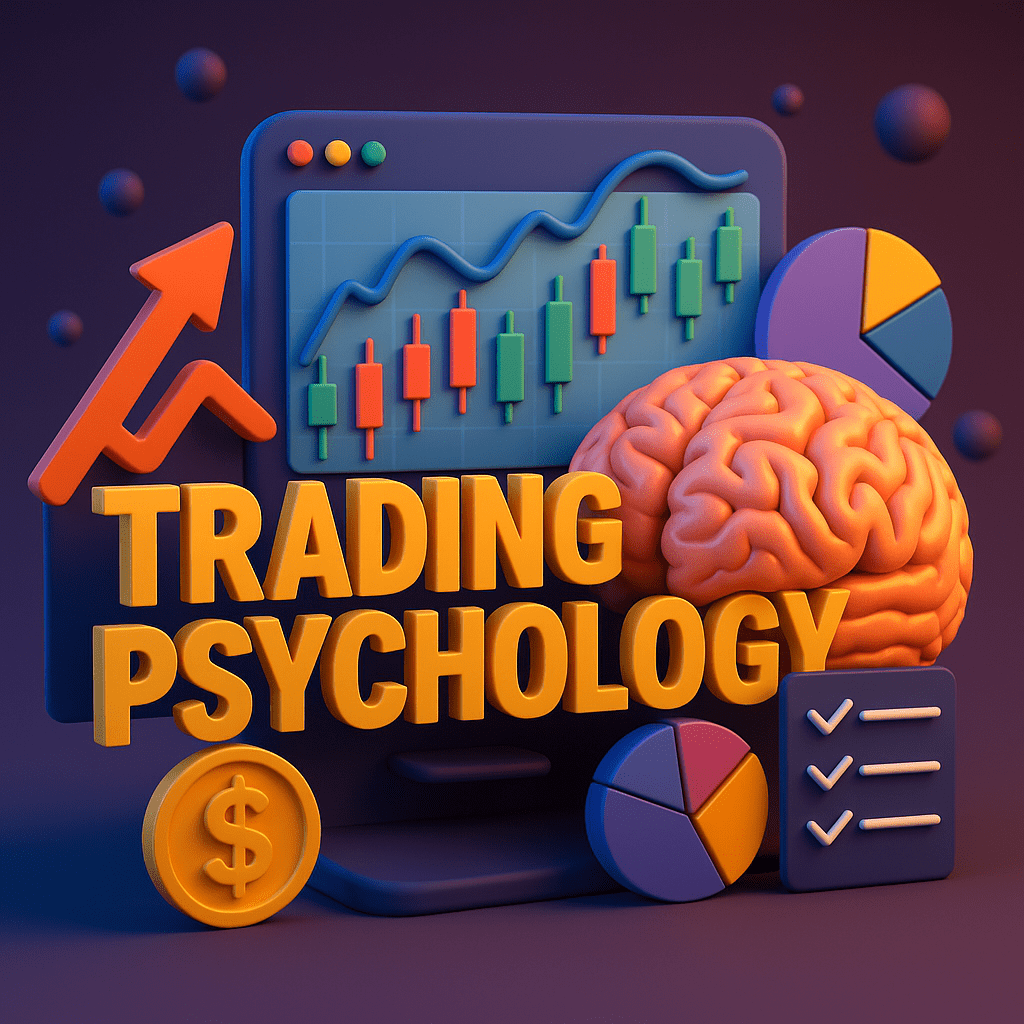3D digital artwork showing a calm trader mastering trading psychology with glowing charts and brainwave symbols in purple and green neon tones, representing discipline over emotion.
