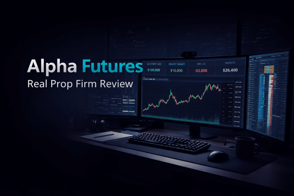 Alpha Futures prop firm review hero image showing futures trading dashboard with account size profit target max loss limit and payout metrics