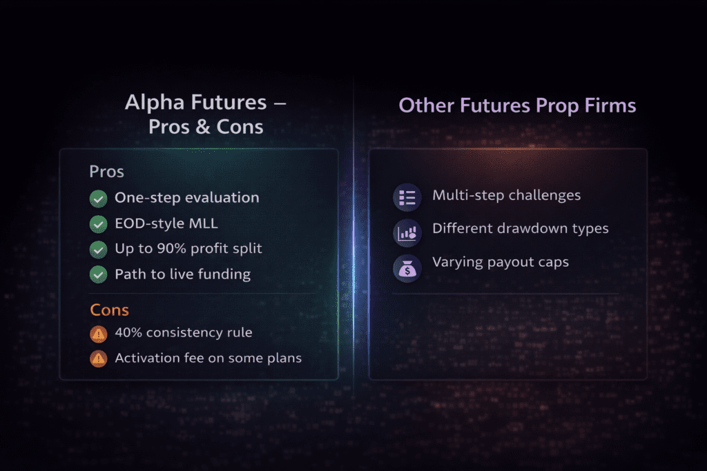 Alpha Futures pros and cons infographic comparing Alpha Futures prop firm features with other futures prop firms