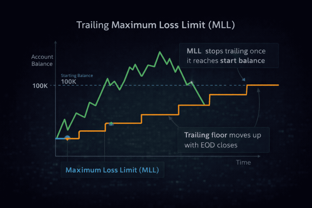 Alpha Futures trailing Maximum Loss Limit MLL infographic showing equity curve and loss floor that moves up with end of day balance
