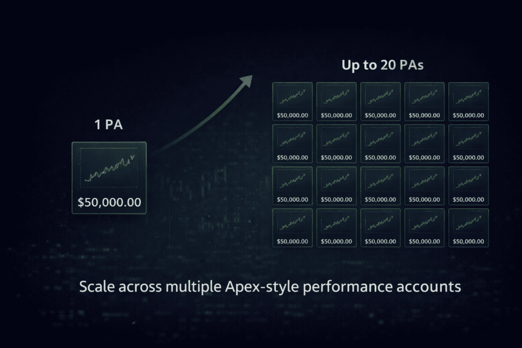 Apex Trader Funding scaling illustration showing growth from 1 performance account to up to 20 funded performance accounts