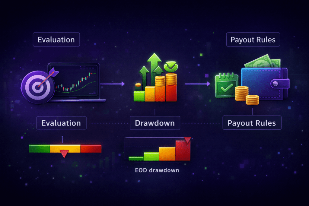 futures prop firm challenge infographic showing evaluation rules drawdown types and payout rules flow