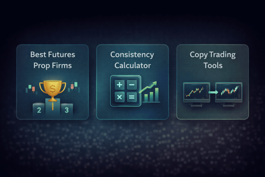 futures prop firm tools cards showing best futures prop firms rankings consistency calculator and copy trading tools