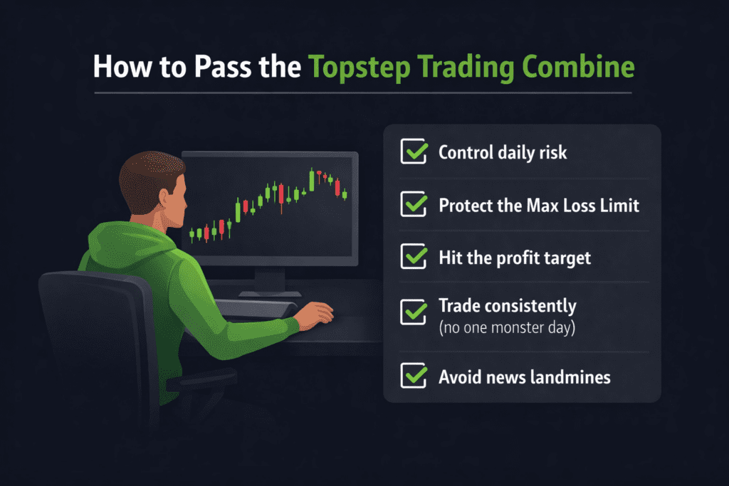 Trader checklist showing how to pass the Topstep Trading Combine including controlling daily risk, protecting the max loss limit, hitting the profit target, trading consistently, and avoiding major news events.