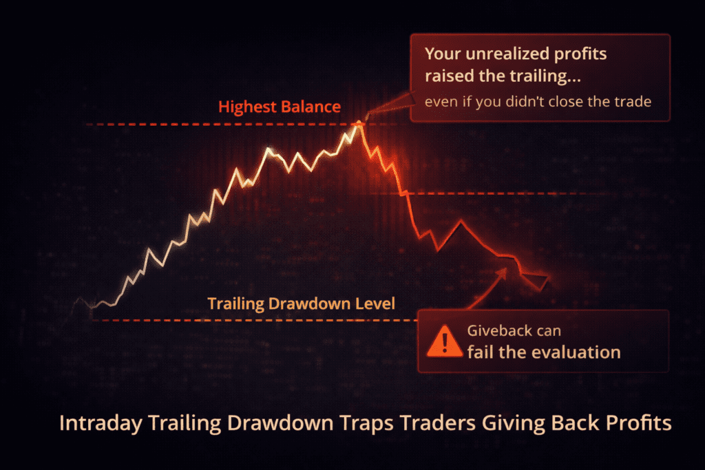 Intraday trailing drawdown trap infographic showing highest balance line trailing drawdown level and profit giveback failing a prop firm evaluation