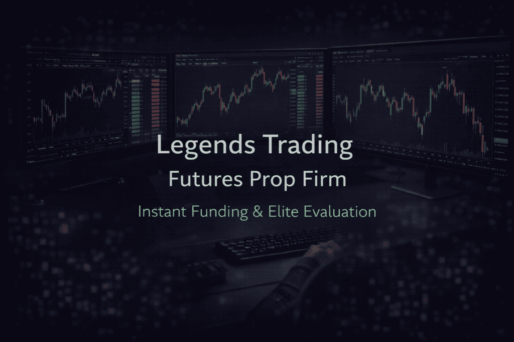 Legends Trading futures prop firm review showing instant funding futures accounts elite evaluation rules and CME futures trading dashboard