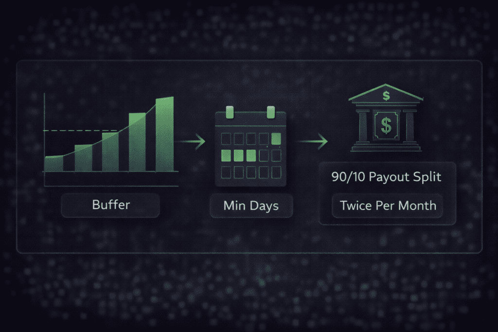 Legends Trading payout rules infographic showing profit buffer requirement leading to 90 10 profit split and twice per month payout schedule
