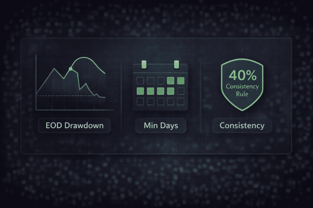 Legends Trading rules infographic showing EOD trailing drawdown minimum trading days and 40 percent consistency rule for futures prop firm evaluation