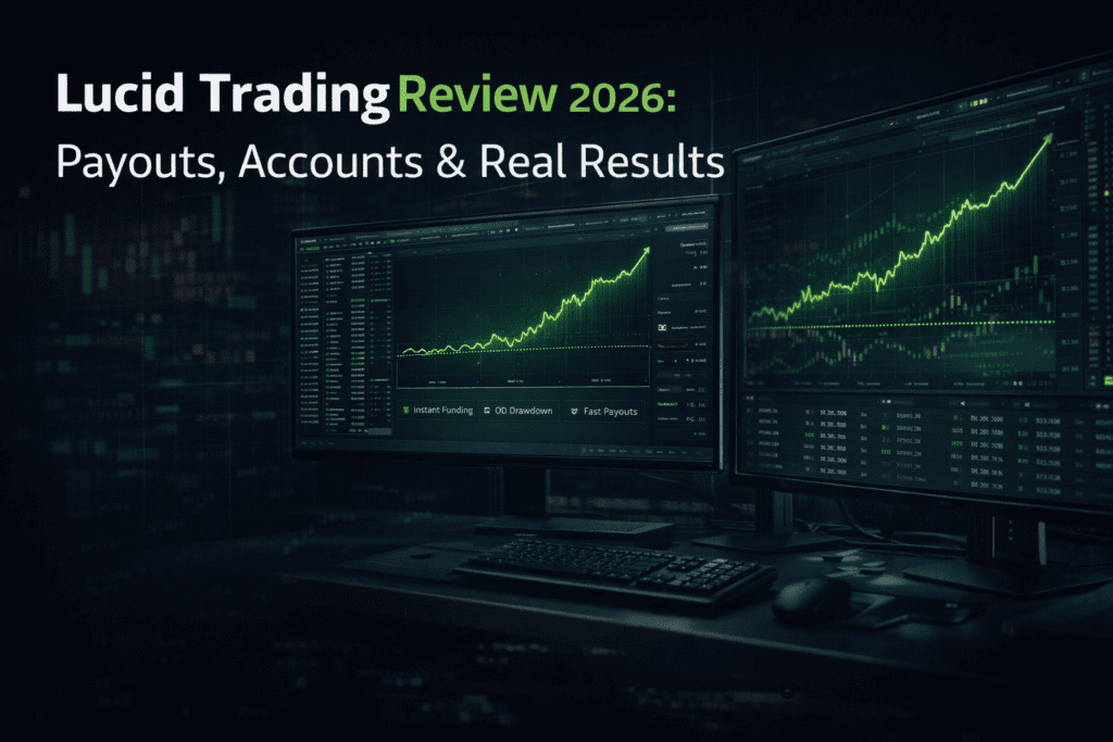 Lucid Trading Review 2026 hero image showing futures trading dashboard with equity curve end of day drawdown line instant funding and fast payout interface