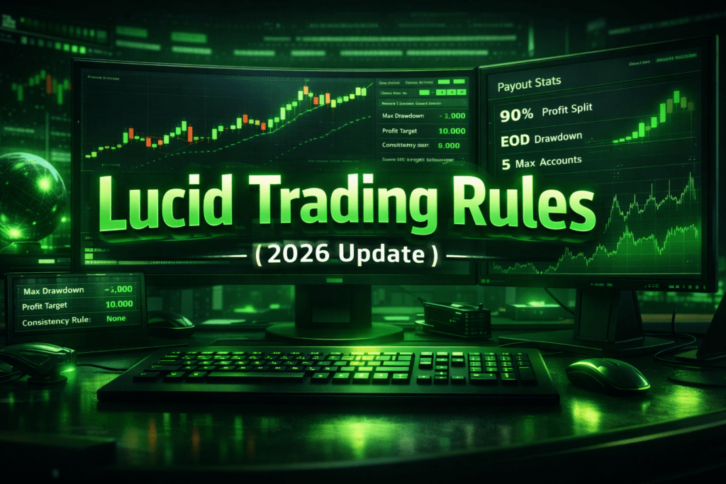 Lucid Trading Rules 2026 update showing prop firm drawdown rules, 90 percent profit split and funded trader dashboard charts