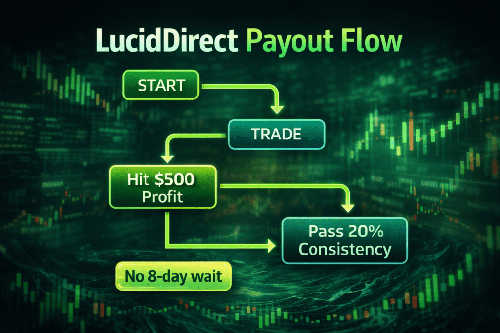LucidDirect payout flow chart showing start trade hit $500 profit pass 20 percent consistency and request payout with no 8 day wait