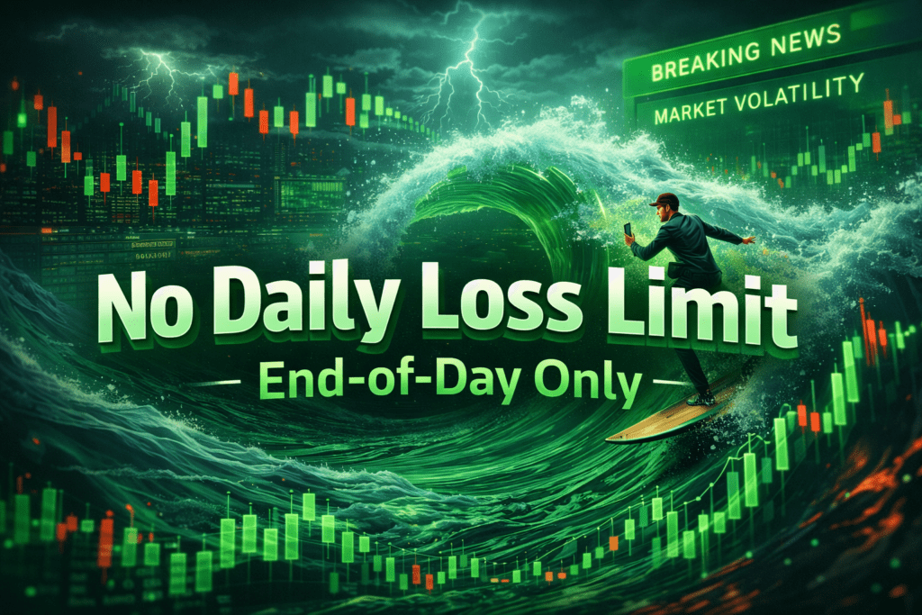 LucidFlex prop firm account with no daily loss limit showing end of day drawdown rule and trader riding market volatility waves
