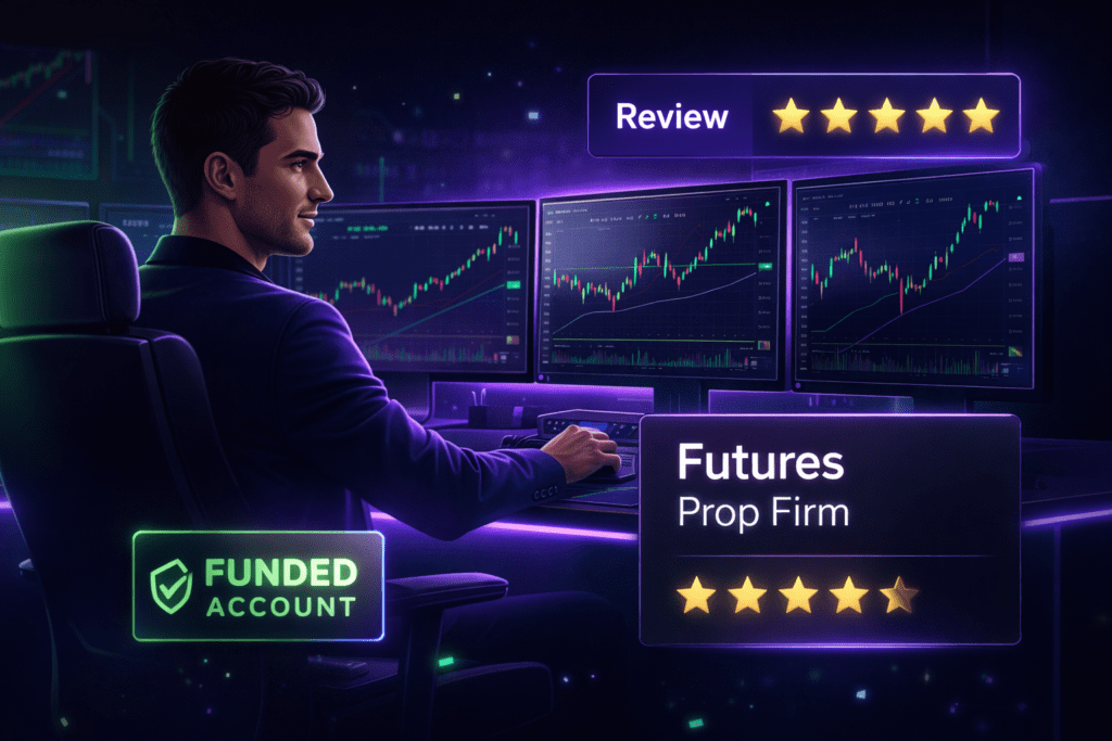 Phidias prop firm review illustration showing futures trader with multi monitor CME charts and funded account badge