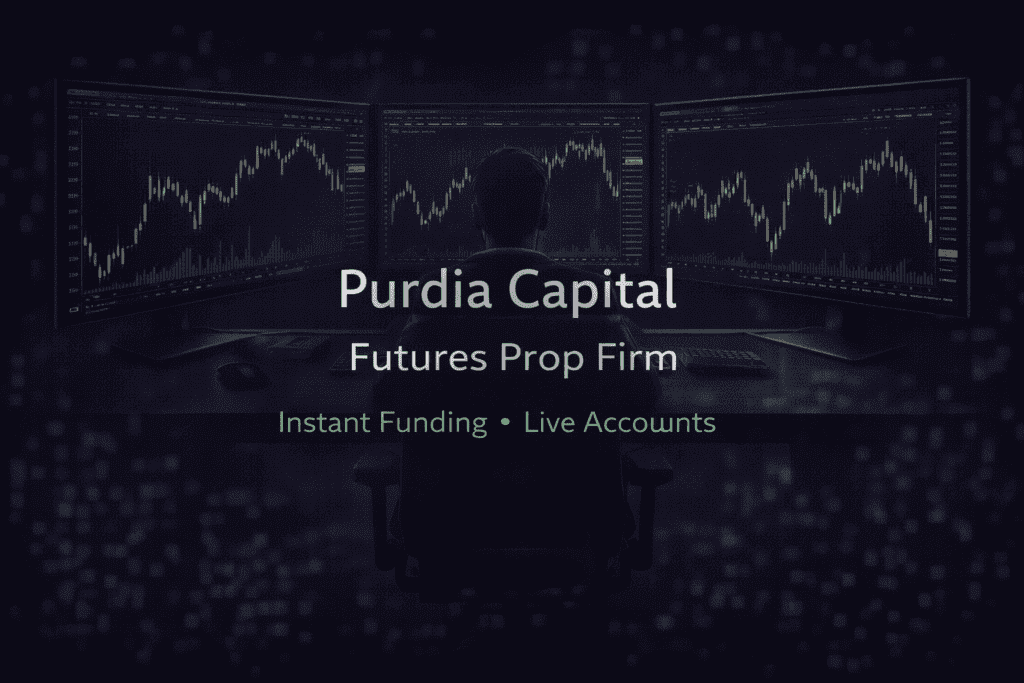 Purdia Capital futures prop firm trading dashboard illustration showing instant funding live funded accounts and professional futures trading setup