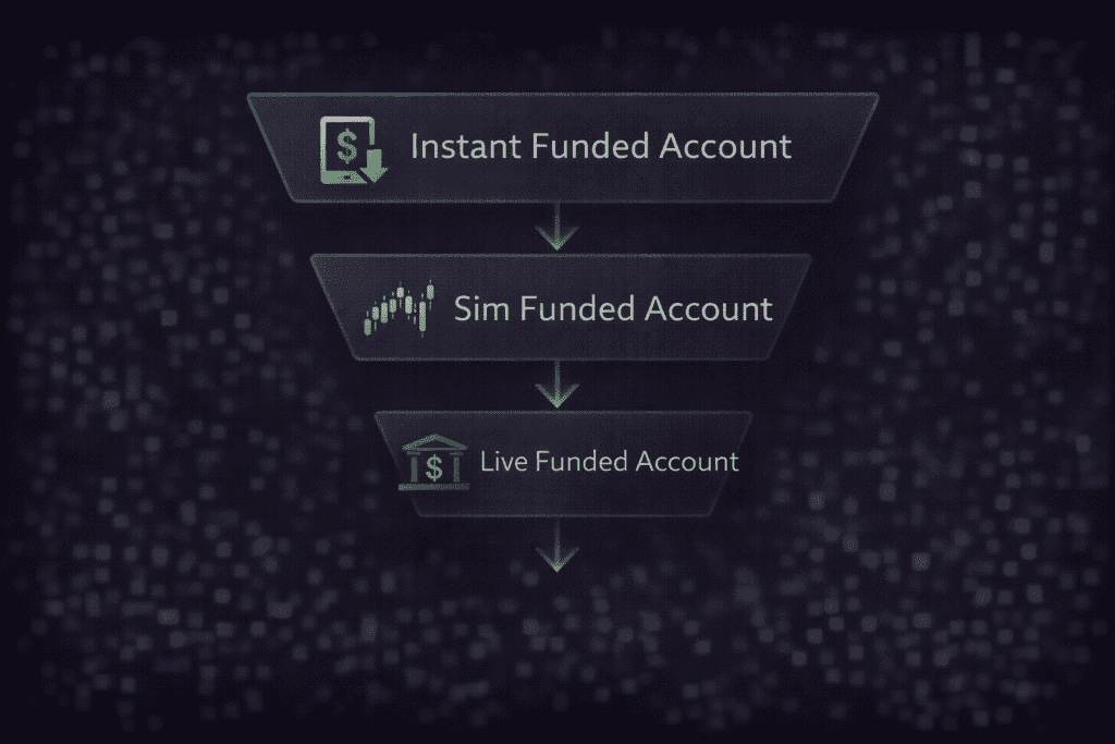 Purdia Capital instant funded account diagram showing path from instant funded account to sim funded account and live funded trading account
