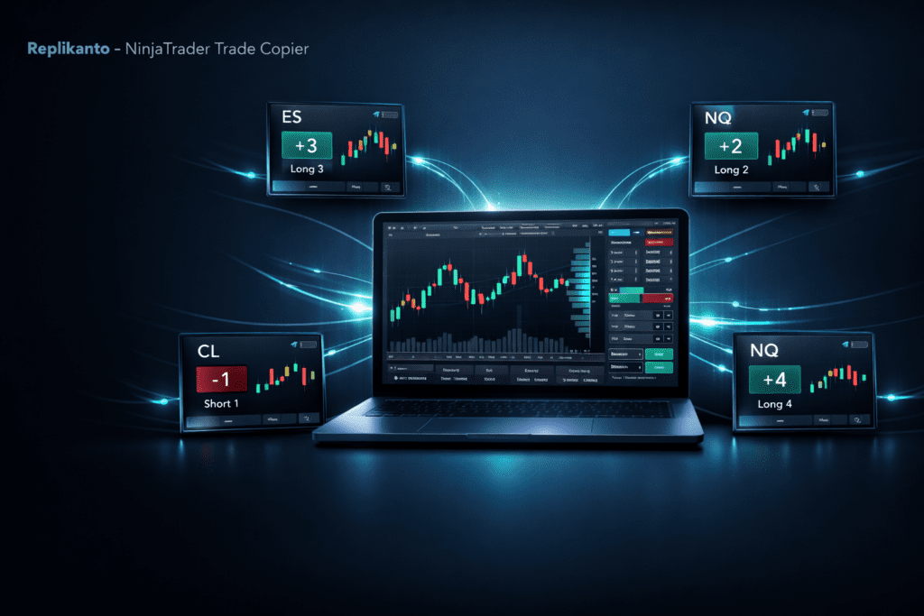 Replikanto NinjaTrader trade copier showing leader account copying trades to multiple follower accounts for futures prop firm traders