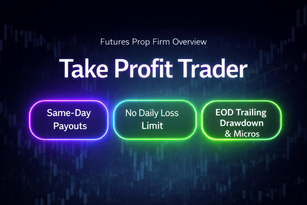 take profit trader rules overview banner showing account features evaluation rules and payout structure