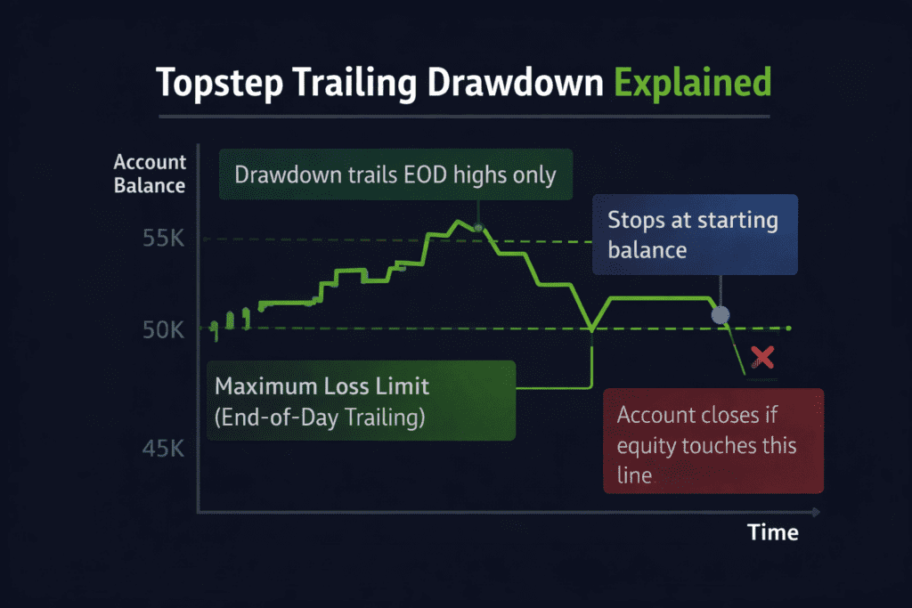 Topstep trailing drawdown explained with equity curve and maximum loss limit showing how the end of day trailing drawdown follows new account highs and stops at the starting balance.