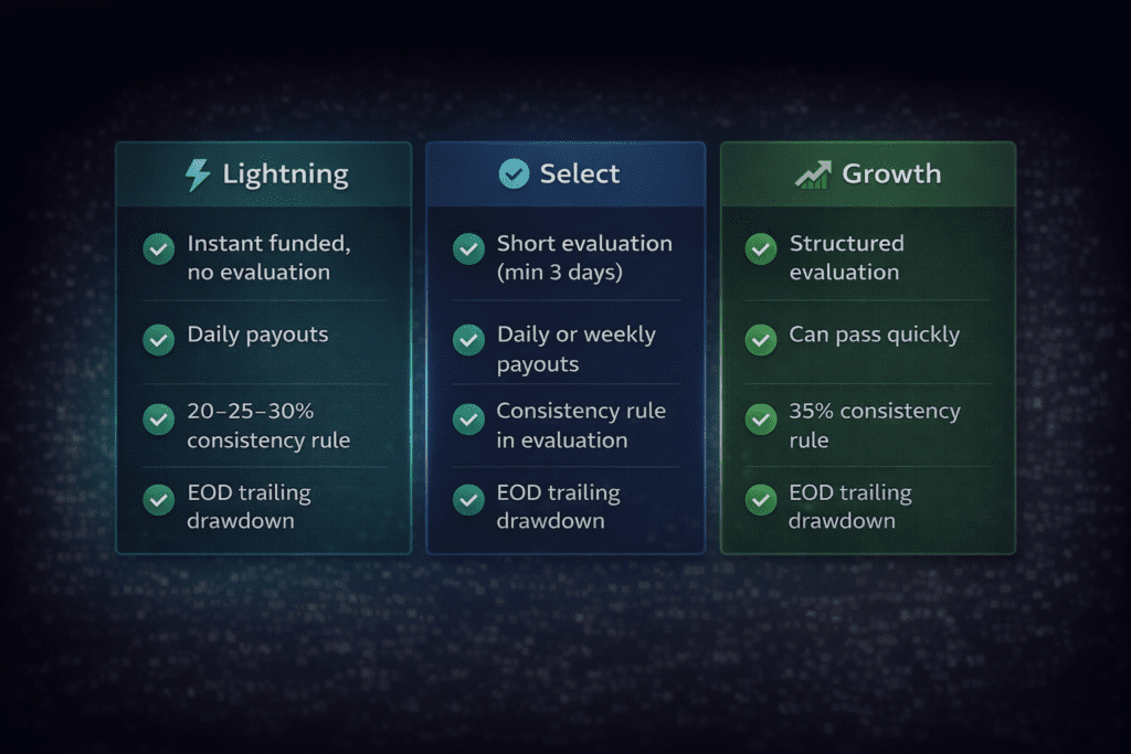 Tradeify Lightning Select and Growth account comparison infographic showing instant funded account types consistency rules and EOD trailing drawdown