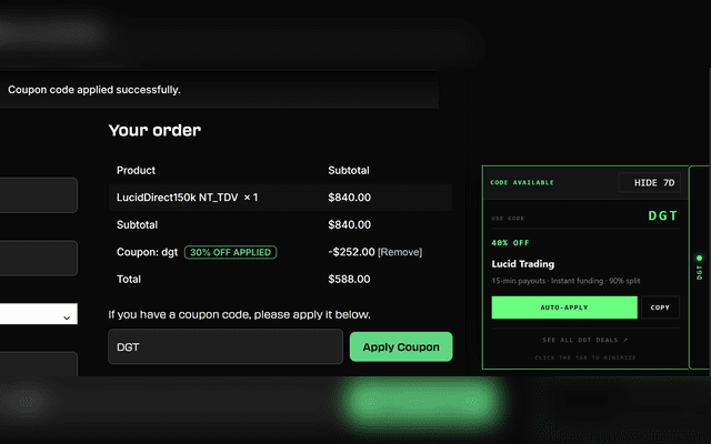 DGT Chrome Extension settings panel showing auto-apply discount code toggles and futures prop firm site preferences
