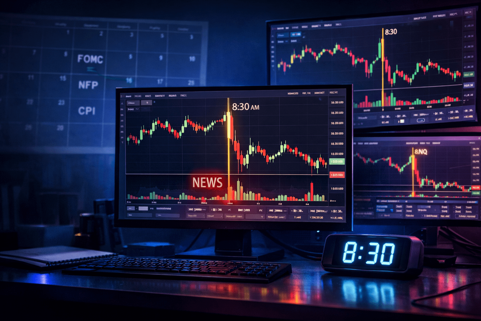 Futures trading desk showing ES and NQ charts reacting to 8:30 ET news event with sharp volatility spike, highlighting news trading risk at Take Profit Trader