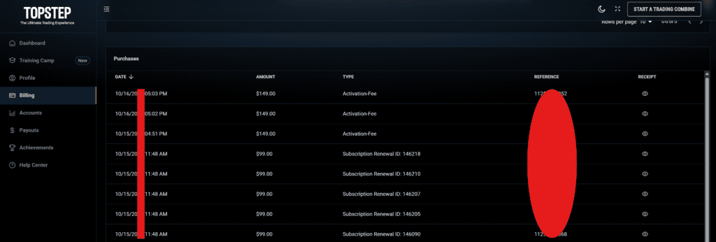 Topstep billing history showing $149 activation fee and $99 monthly Trading Combine subscription costs